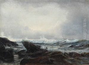 Coastal Scene With Schooner Capsizing In The Stormy Sea by Holger Drachmann