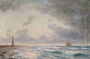 Parti Fra Skagen Med Udsigt Til Det Gra Fyr by Holger Drachmann