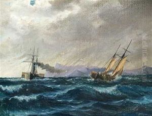 Skibe Pa Havet Ud For En Klippekyst I Uroligt Vejr by Holger Drachmann