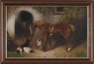 Horse With Three Dogs