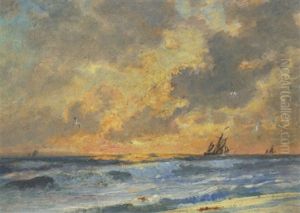 Skibe Pa Havet Ud For Skagens Kyst Ved Solnedgangstide by Holger Drachmann