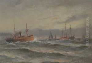 Marine Med Skibe Omkring Et Fyrskib by Holger Drachmann