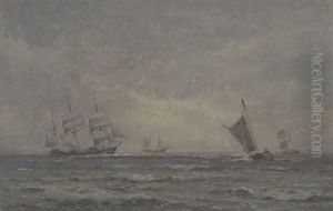 Sejlskibe Pa Havet, Solen Bryder Gennem Skydaekket Sejlskibe Pa Havet, Solen Bryder Gennem Skydaekket