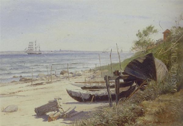 Kystparti Fra Hellebaek Med Bade Pa Stranden Og Sejlskibe I Sundet - view 1