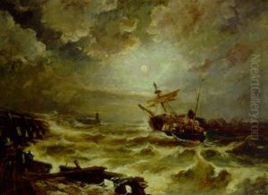 Marine, Skib I Havsnod Udfor Kyst by Holger Drachmann