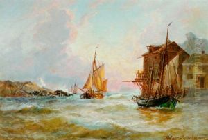 Marine Med Fiskerbade Ud For Klippekyst by Holger Drachmann