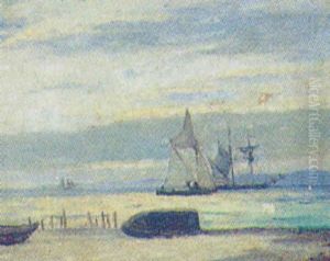 Marine Med Sejlskibe Og Optrukne Joller Pa Stranden by Holger Drachmann