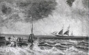 Marine Med Maend Pa En Mole Og Sejlskib by Holger Drachmann