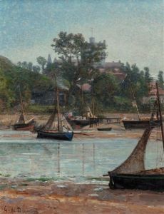 Boats Moored In Village Estuary by Georges De Dramard