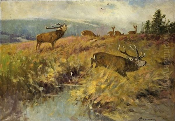 Landschaft Mit Revierkampf Zweier Hirsche - view 1