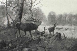 Elk And Deer In A Forest Landscape by Christoffer Johann Drathmann