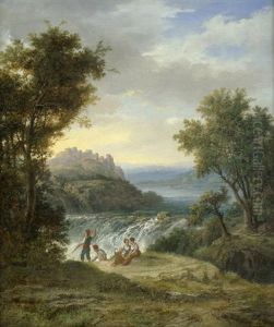 Italienische Landschaft Mit Rastenden Bauern An Einem Wasserfall