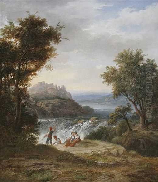 Italienische Landschaft Mit Rastenden Bauern An Einem Wasserfall, Im Hintergrund Eine Burg Auf Einer Anhohe - view 1