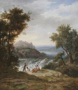 Italienische Landschaft Mit Rastenden Bauern An Einem Wasserfall, Im Hintergrund Eine Burg Auf Einer Anhohe by Heinrich Dreber