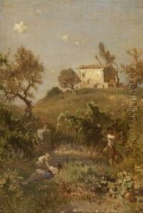 Kleiner Campagna-hugel Mit Haus Und Arbeiterfamilie by Heinrich Dreber