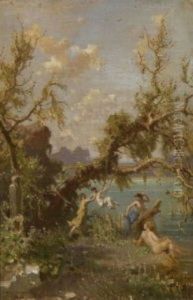 Seeufer Mit Spielenden Nymphen by Heinrich Dreber