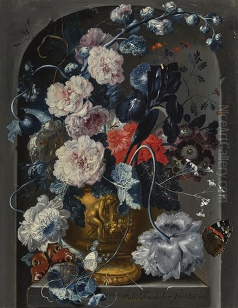 Still Life With Carnations, Roses, Hollyhocks And Other Flowers In A Sculpted Bronze Urn With Butterflies In An Alcove - view 1