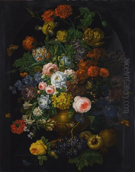 A Still Life Of Flowers In A Vase With Butterflies - view 1