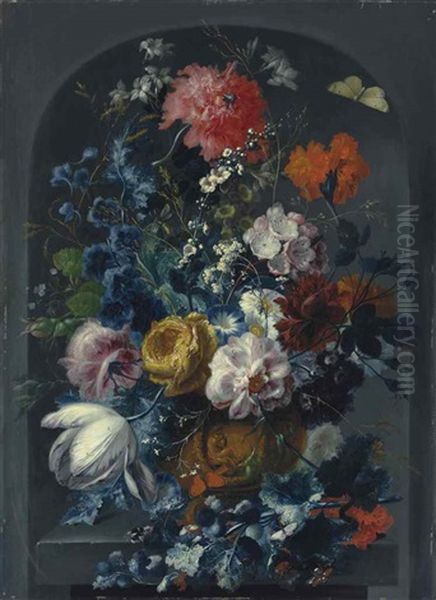 Carnations, Roses, Jasmine, A Tulip And Other Flowers In A Sculpted Bronze Urn, With Butterflies, Dragonflies, A Caterpillar, A Beetle And A Bee, On A Ledge In A Niche - view 1
