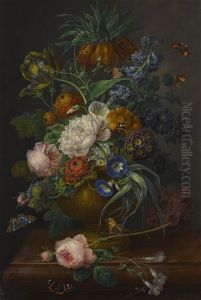 Still Life Of Flowers In An Urn In A Stone Niche by Johann Baptist Drechsler