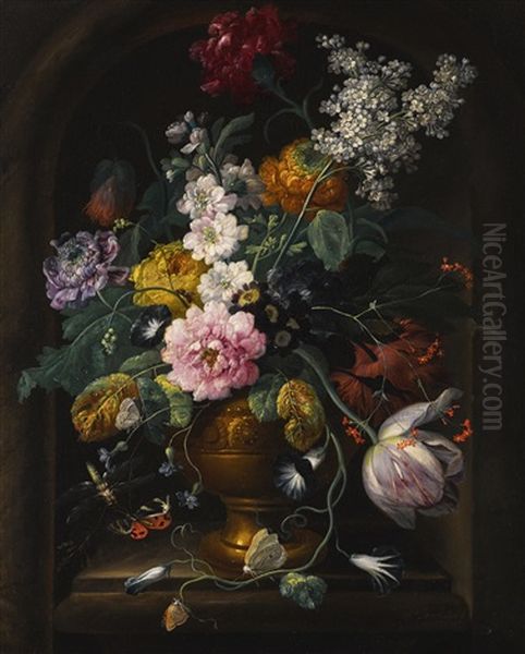 Still Life Of Flowers In An Urn On A Marble Ledge - view 1