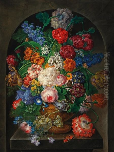 Large Still Life With Butterflies, Glass Bowl And Grapes - view 1