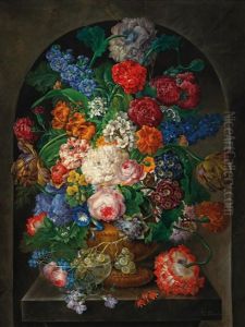 Large Still Life With Butterflies, Glass Bowl And Grapes by Johann Baptist Drechsler