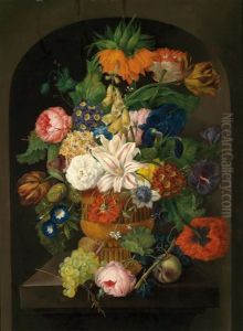 Two Still Lifes Of Flowers With Grapes And A Bird"s Nest