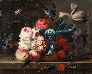 Still Life With Fruit, Flowers, Bird And Butterflies by Johann Baptist Drechsler