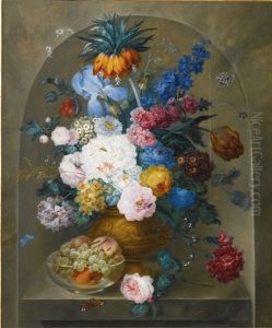 Still Life Of Flowers In A Vase With A Bowl Of Fruit