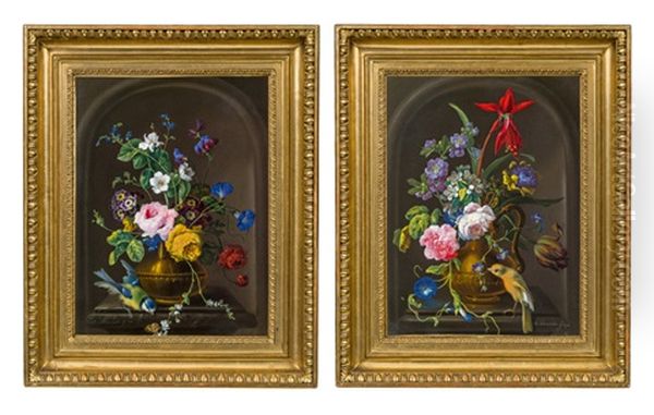 Pendants - Blumenstillleben Mit Schmetterling Und Blaumeise & Blumenstillleben Mit Schmetterling Und Fink (2 Works) - view 1