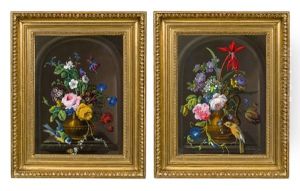 Pendants - Blumenstillleben Mit Schmetterling Und Blaumeise & Blumenstillleben Mit Schmetterling Und Fink (2 Works) by Johann Baptist Drechsler