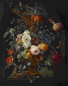 Blumenstillleben Mit Vogelnest, Trauben Und Schmetterlingen by Johann Baptist Drechsler