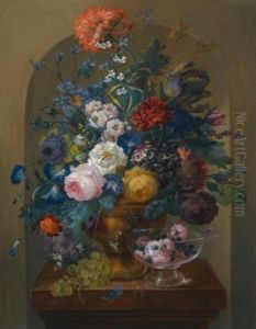 Still Life Of Flowers In An Urn Togther With Cut Roses In A Glass Vase Upon A Table In A Niche by Johann Baptist Drechsler