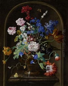 Blumenstilleben Mit Rosen, Ringelblumen, Mohnblumen, Auricula, Prunkwinde, Rittersporn, Aster Und Einer Tulpe In Einer Bronzeurne Auf Einer Steinplinthe