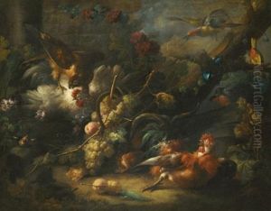 A Forest Floor Still Life With Poultry Attacked By A Hawk by Johann Baptist Drechsler