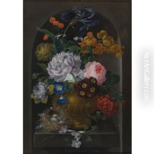 Still Life Of Peonies, A Rose, Primroses, An Iris And Other Flowers In A Vase With A Bird's Nest, Resting On A Stone Ledge Within A Niche