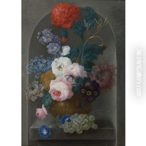 Still Life Of Roses, Peonies, Primroses, A Poppy And Other Flowers In A Vase With Grapes, Resting On A Stone Ledge Within A Niche