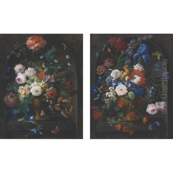 Still Life Of Roses, Peonies, A Tulip, A Poppy, Morning Glories And Other Flowers In An Urn Resting On A Stone Ledge Within A Niche (+ Still Life Of Roses, Peonies, Morning Glories, An Iris, A Cock's Comb And Other Flowers In An Urn Resting On A Stone Led - view 1