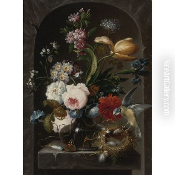Still Life Of Roses, Morning Glories, Primroses, A Tulip And Other Flowers In A Glass Vase, With A Bird And Bird's Nest, All On A Stone Ledge Within A Niche - view 1