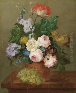 Blumenstrauss Und Weintrauben Auf Einer Tischplatte by Johann Baptist Drechsler