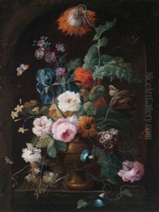 Prachtvolles Blumenstillleben In Ornamentaler Vase by Johann Baptist Drechsler