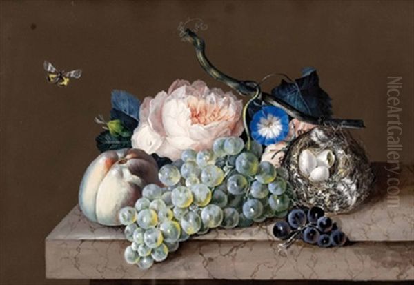 Obststillleben Mit Blumen Und Vogelnest - view 1