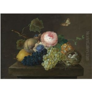 A Still Life With Grapes, Pears And Flowers, Together With A Bird's Nest With Eggs On A Stone Ledge, A Butterfly Above A Still Life With Grapes, Pears And Flowers, Together With A Bird's Nest With Eggs On A Stone Ledge, A Butterfly Above