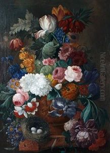 An Arrangement Of Flowers In A Classical Vase, With A Birds Nest Upon A Ledge