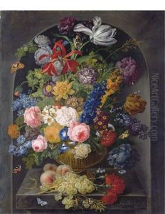 Roses, Carnations, Tulips And Other Flowers In A Gold Sculpted Urn With Peaches by Johann Baptist Drechsler