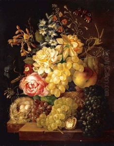 Still Life Of Roses, Honeysuckle And Other Flowers With Peaches And Grapes In A Basket, Together With Grapes, Half A Walnut And A Birds Nest Upon A Ledge by Johann Baptist Drechsler