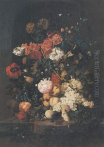 Still Life With Various Flowers, Grapes, Apricots, Pomegranates And Blackberries, Together With Butterflies, Sparrows And Thier Chicks In A Niche