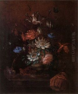 A Still Life Of A Tulip, Passion Flowers, Roses And A Peonie In A Vse