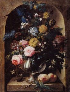 Still Life Of Roses, An Iris, Lilacs And Other Flowers In A Glass Vase Resting On A Stone Ledge With Peaches And A Beetle, Within A Niche